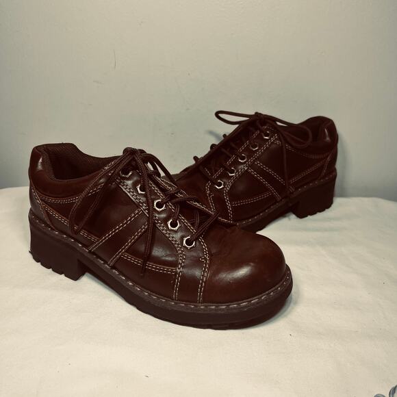 Lower East Side Y2K Oxfords Chunky Brown Faux Leather Lace Up Grunge Academia 5 - Picture 1 of 7
